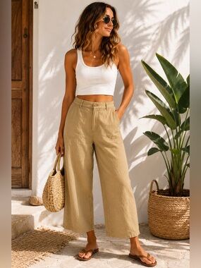 Rip Curl Linen Blend Wide Leg Crop Pants Tan Small Coastal Beach